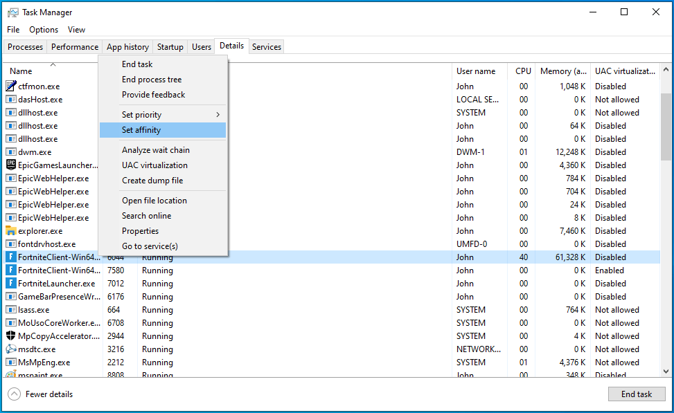 คลิกขวาที่ Fortnite แล้วเลือก Set affinity