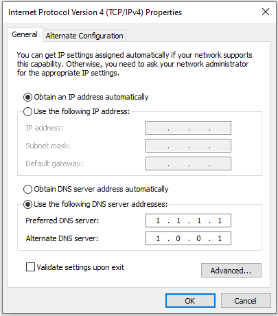 ทำเครื่องหมายที่ "ใช้ที่อยู่เซิร์ฟเวอร์ DNS ต่อไปนี้"