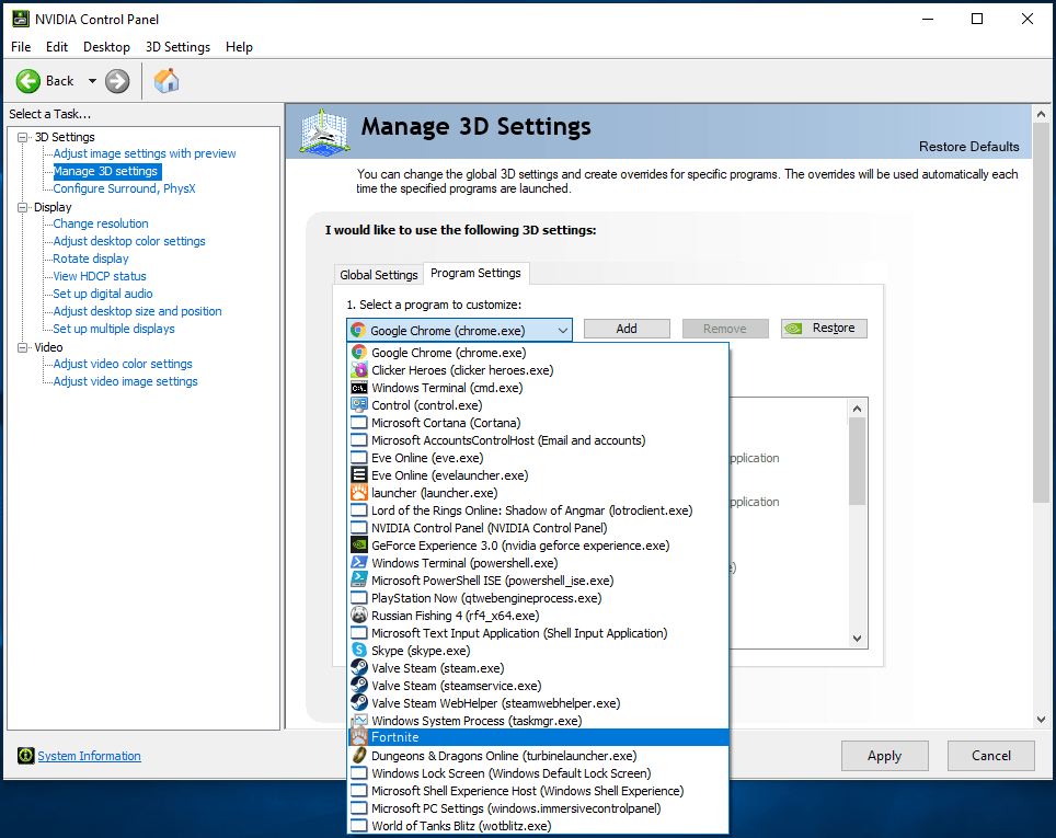 Faceți clic pe Fortnite sub „Selectați un program de personalizat”.