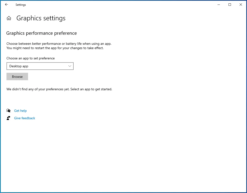 Faceți clic pe Browse sub Graphics Performance Preference.