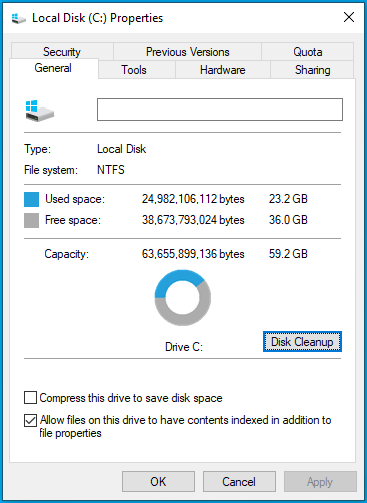 Faceți clic pe Disk Cleanup în fereastra Proprietăți.