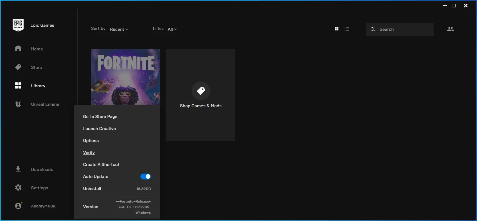 Verifiziere Fortnite im Epic Games Launcher.