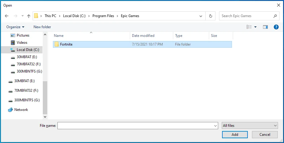 ไปที่โฟลเดอร์การติดตั้งของ Fortnite