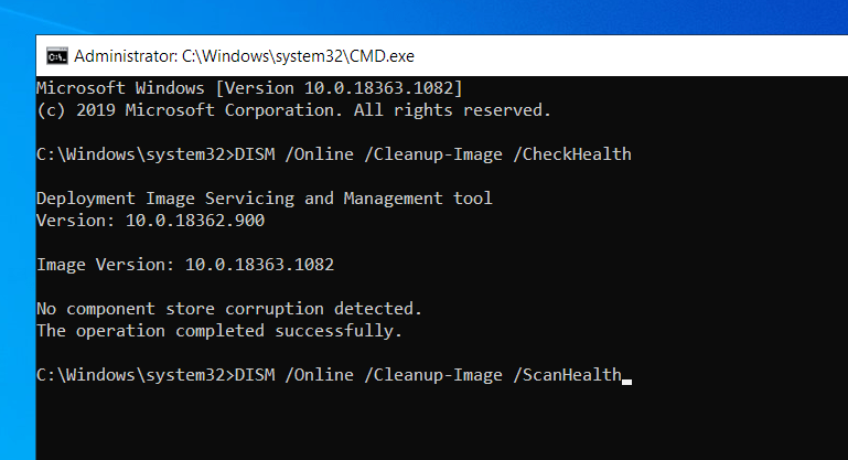 DISM / Online / Cleanup-Image / ScanHealthと入力します。