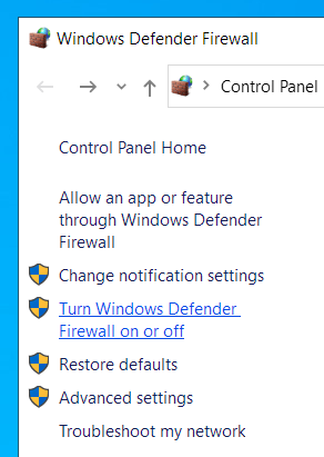 Vá para "Ativar ou desativar o Firewall do Windows Defender".