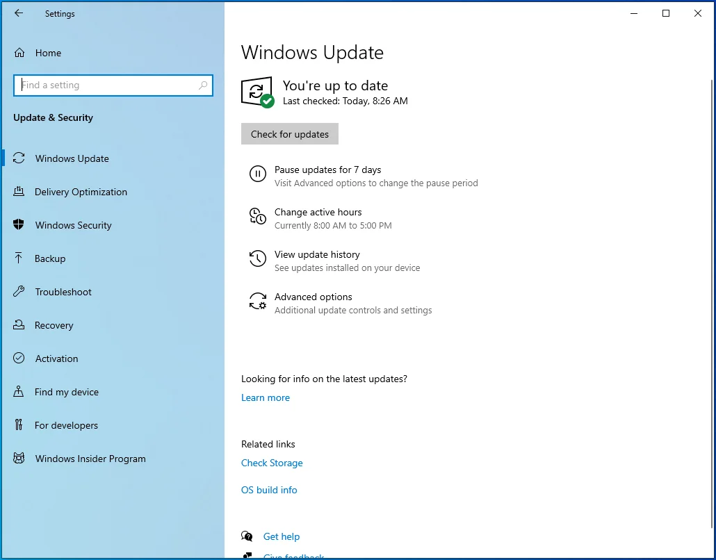 افتح شاشة إعدادات Windows Update.