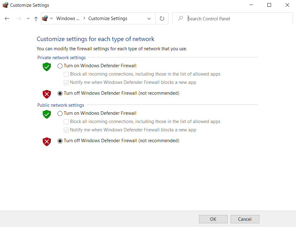 Sesuaikan pengaturan Windows Defender Firewall.