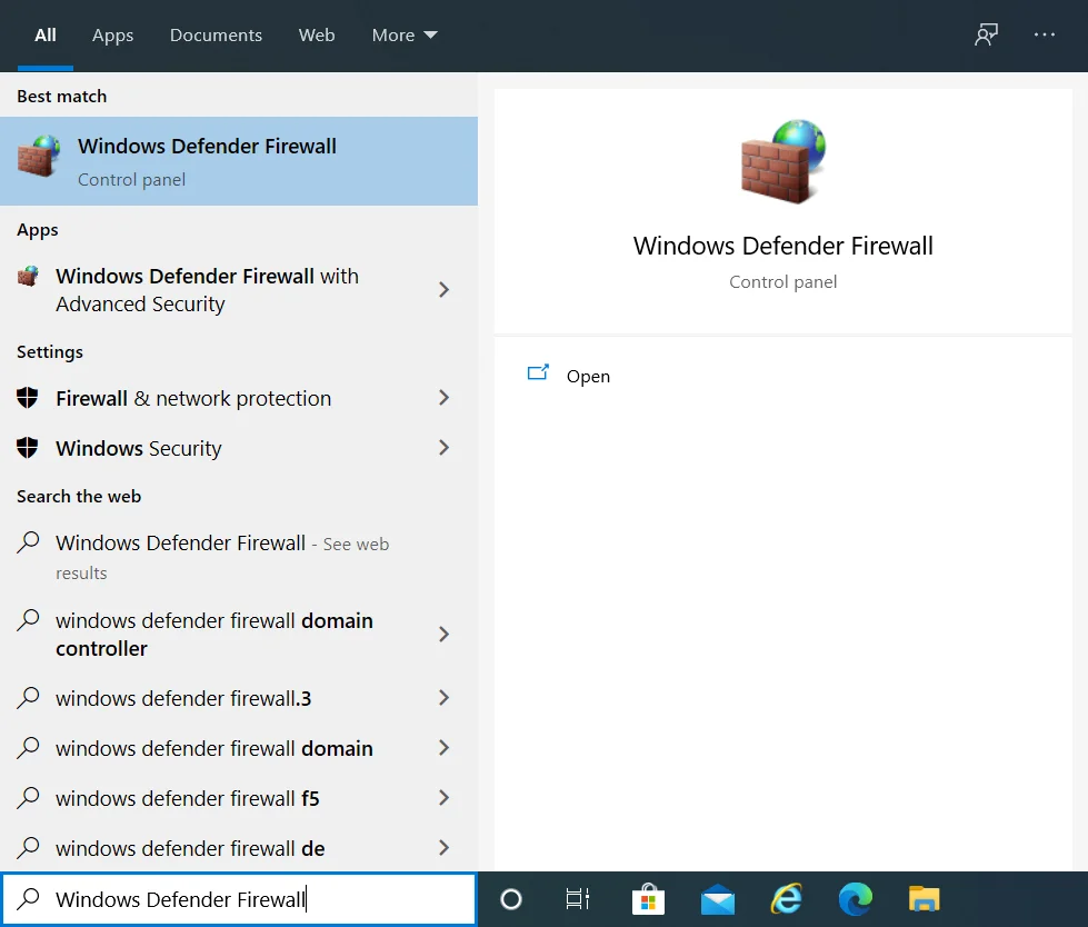 Введите Брандмауэр Защитника Windows в поиск.