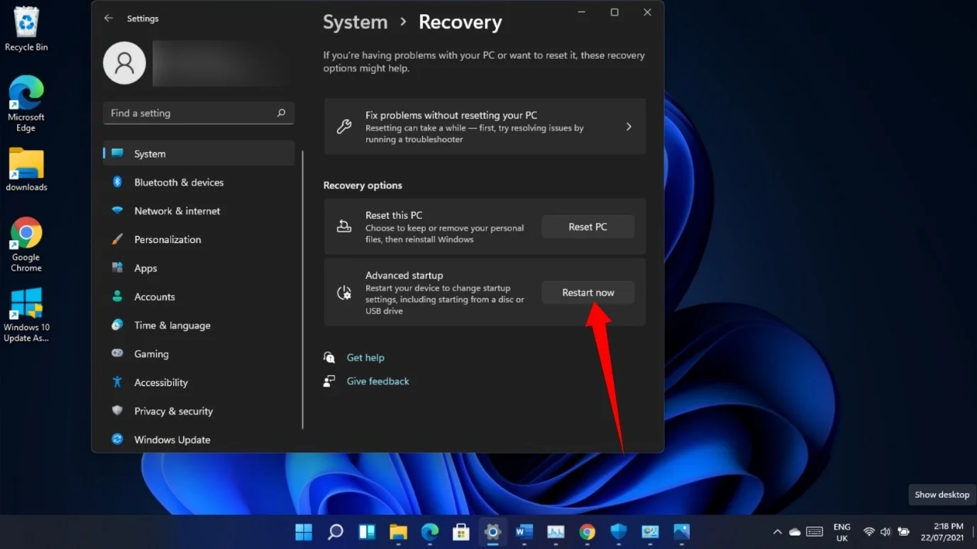 Options de récupération du système Windows 11