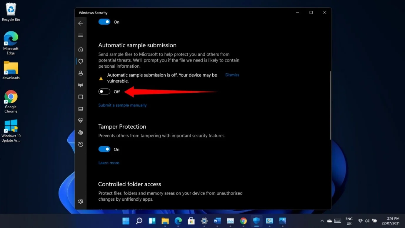 Bagaimana cara menghentikan Pengiriman Sampel Otomatis di Windows 11?