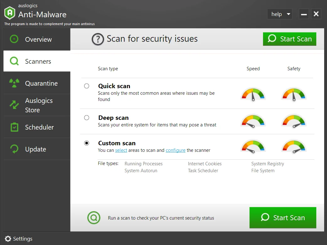 Esegui una scansione personalizzata con Auslogics Anti-Malware.