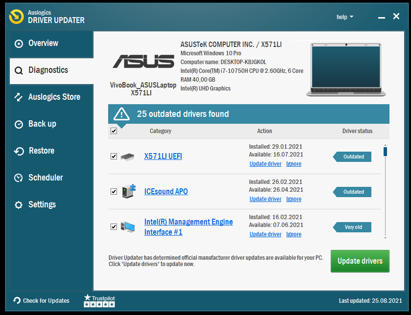 Die Auslogics Driver Updater-Schnittstelle