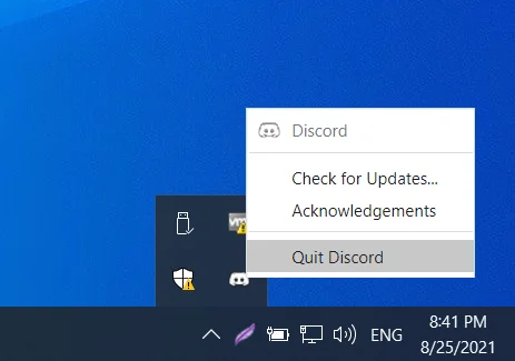 選擇“退出 Discord”以繼續。