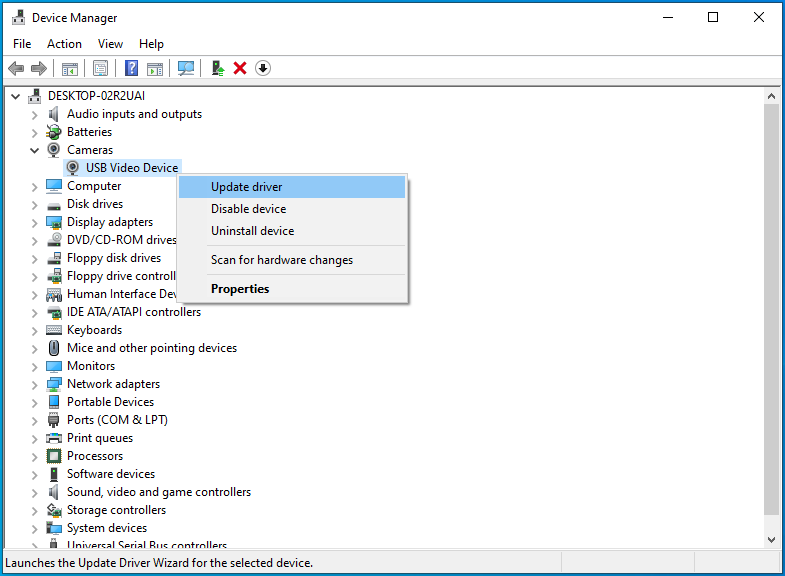 Selecione "Atualizar driver" depois de clicar com o botão direito do mouse no dispositivo da câmera no Gerenciador de dispositivos.