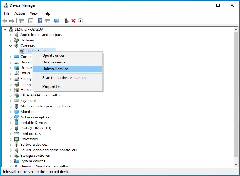 Haga clic en "Desinstalar dispositivo" para desinstalar su cámara a través del Administrador de dispositivos.