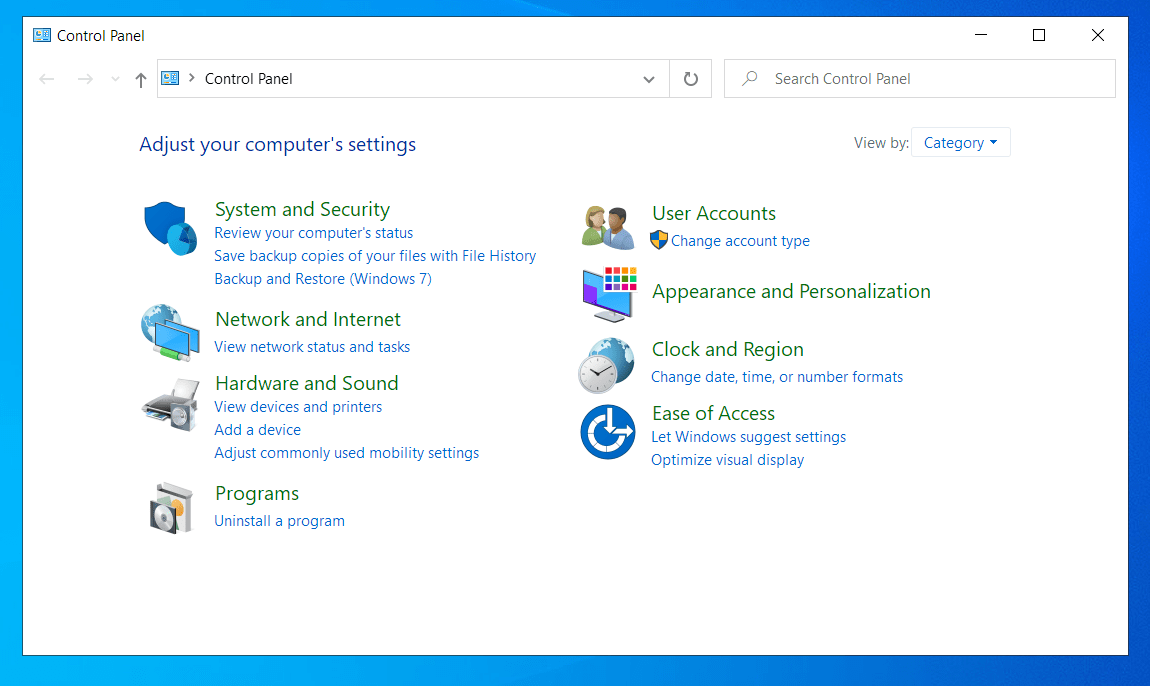 Abra el Panel de control y seleccione Categoría como el modo de vista predeterminado.