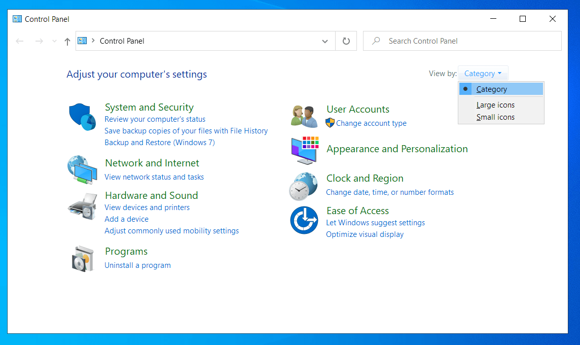 Stellen Sie den Ansichtsmodus in der Systemsteuerung auf Kategorie ein.