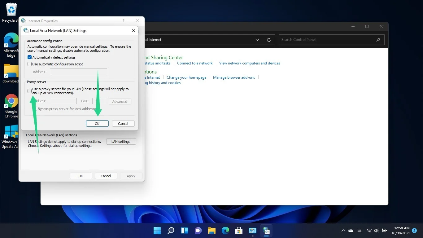 Desmarque a caixa ao lado de "Usar um servidor proxy para sua LAN" seção Servidor proxy da janela de diálogo Configurações de rede local (LAN)