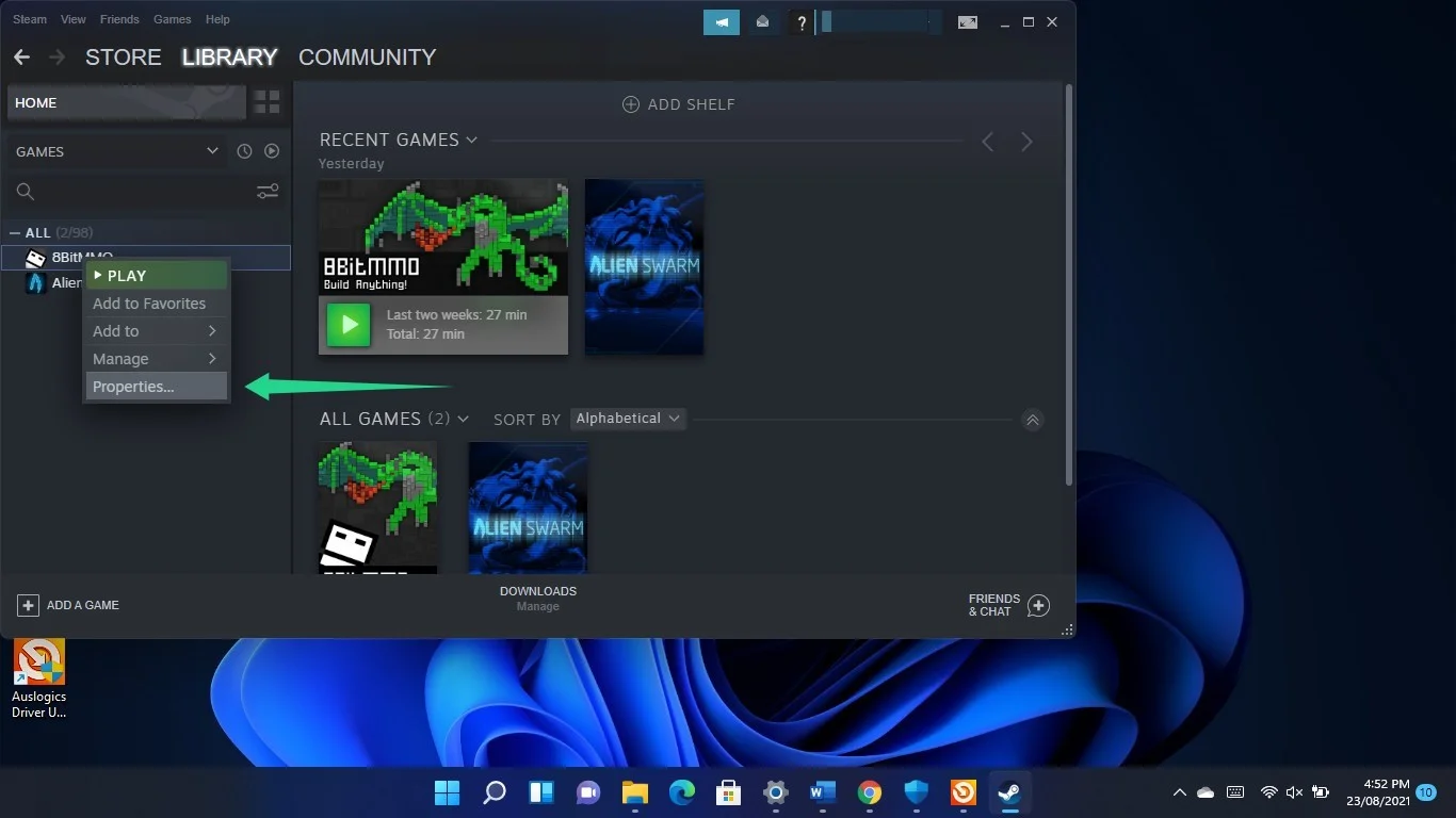 Bagaimana cara mengatur properti game melalui Steam di Windows 11?