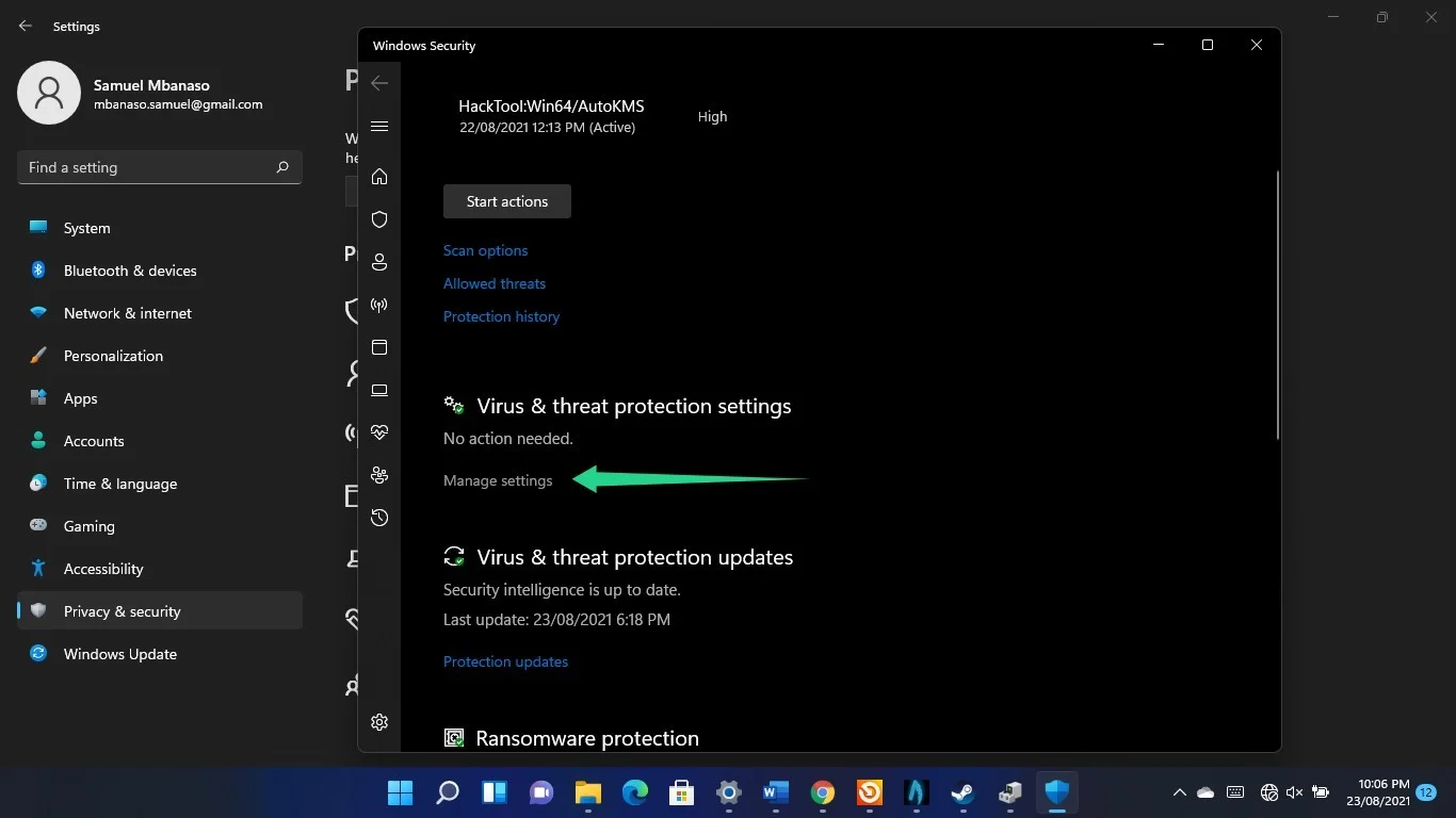 Windows11で[ウイルスと脅威の保護]ウィンドウを見つける