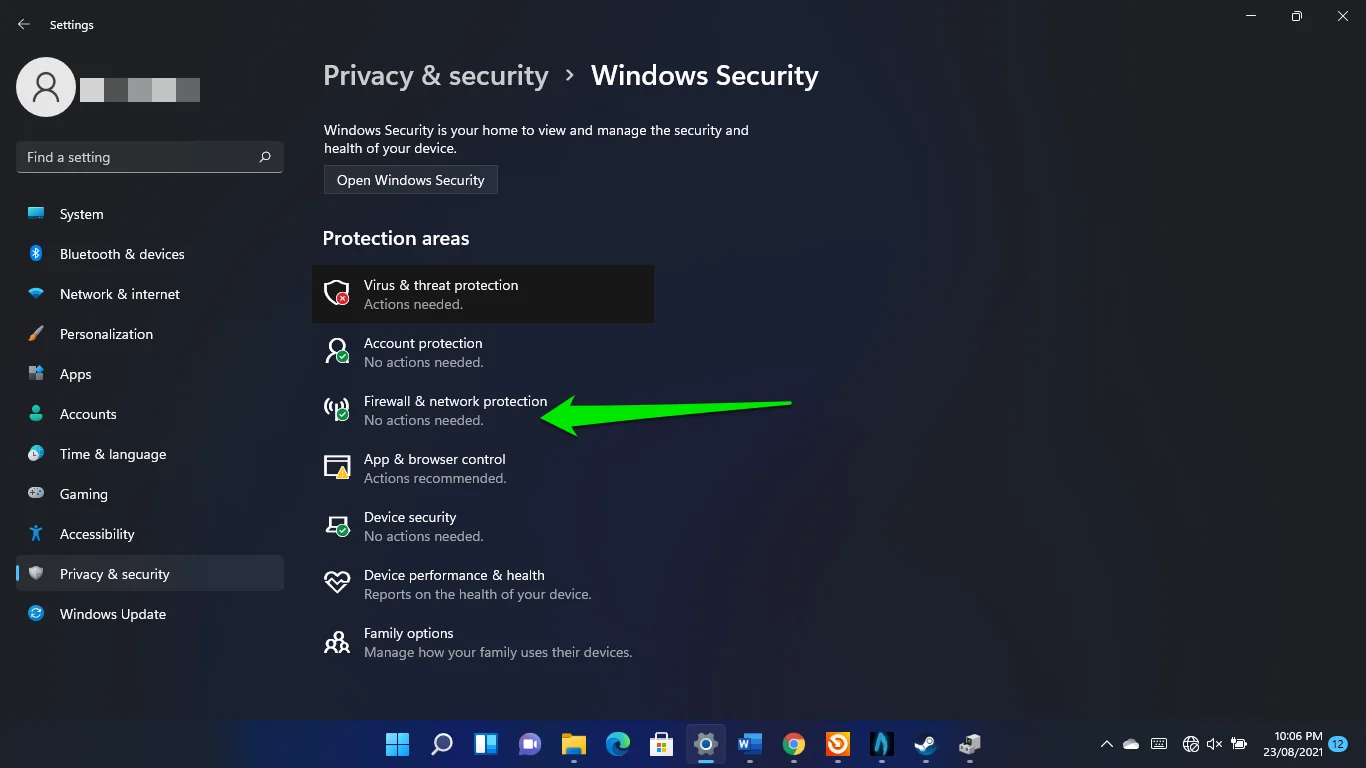 Compruebe la protección de firewall y red en Windows 11