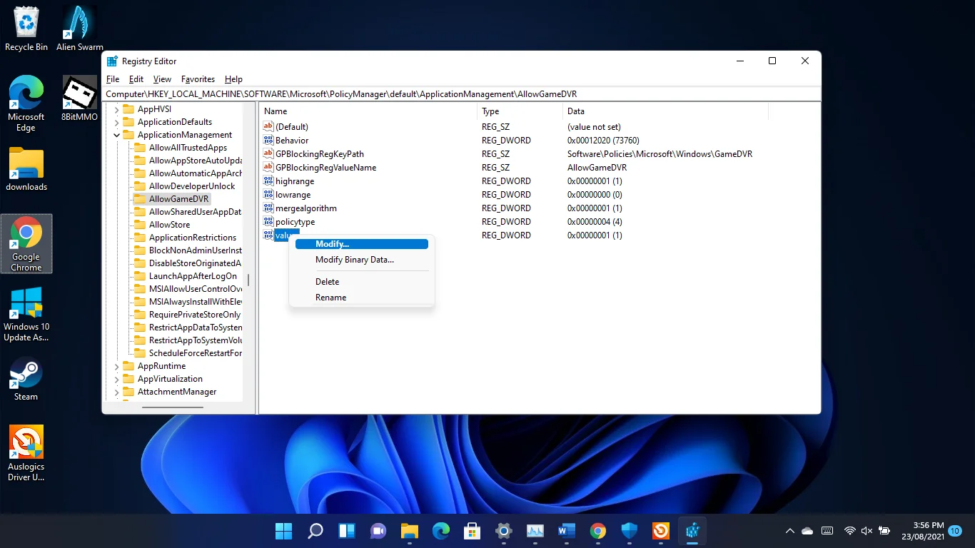 Bagaimana cara mengubah nilai AllowGameDVR melalui Windows 11 Registry Editor?