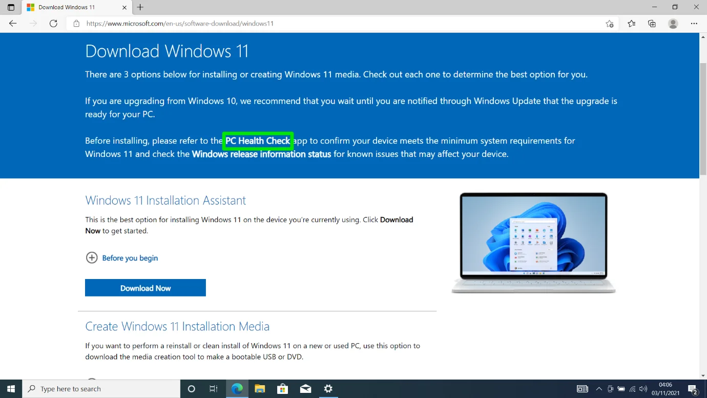 Pemeriksaan Kesehatan PC di halaman unduhan Windows 11