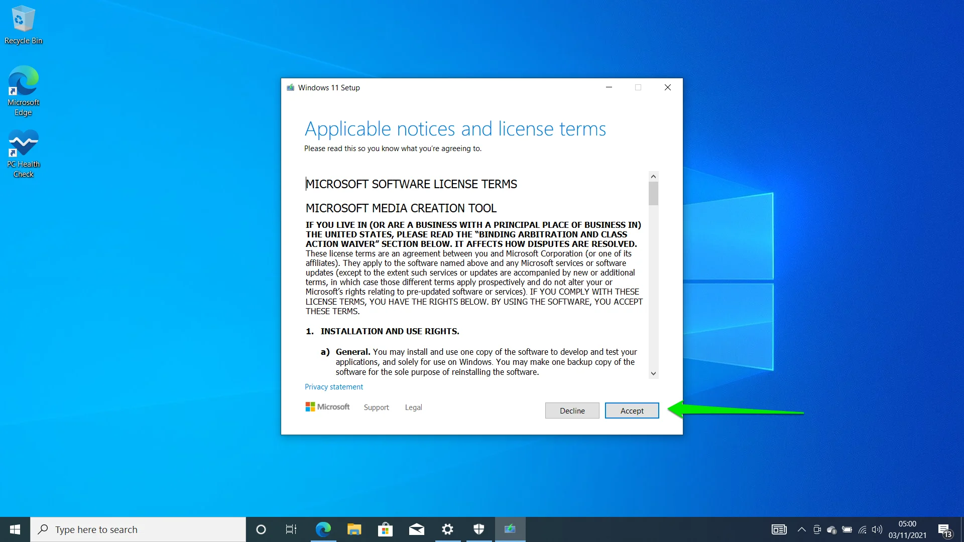 Terima lisensi setelah jendela Pengaturan Windows 11