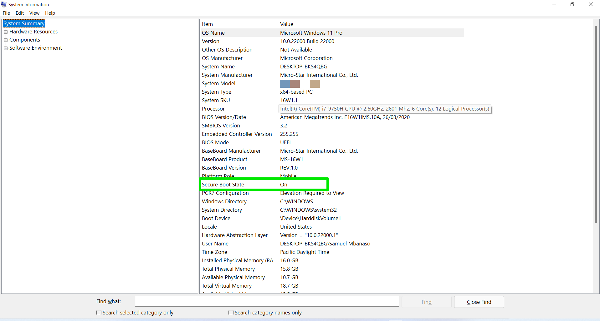 Role até Secure Boot State para verificar se o Secure Boot está ativado ou não