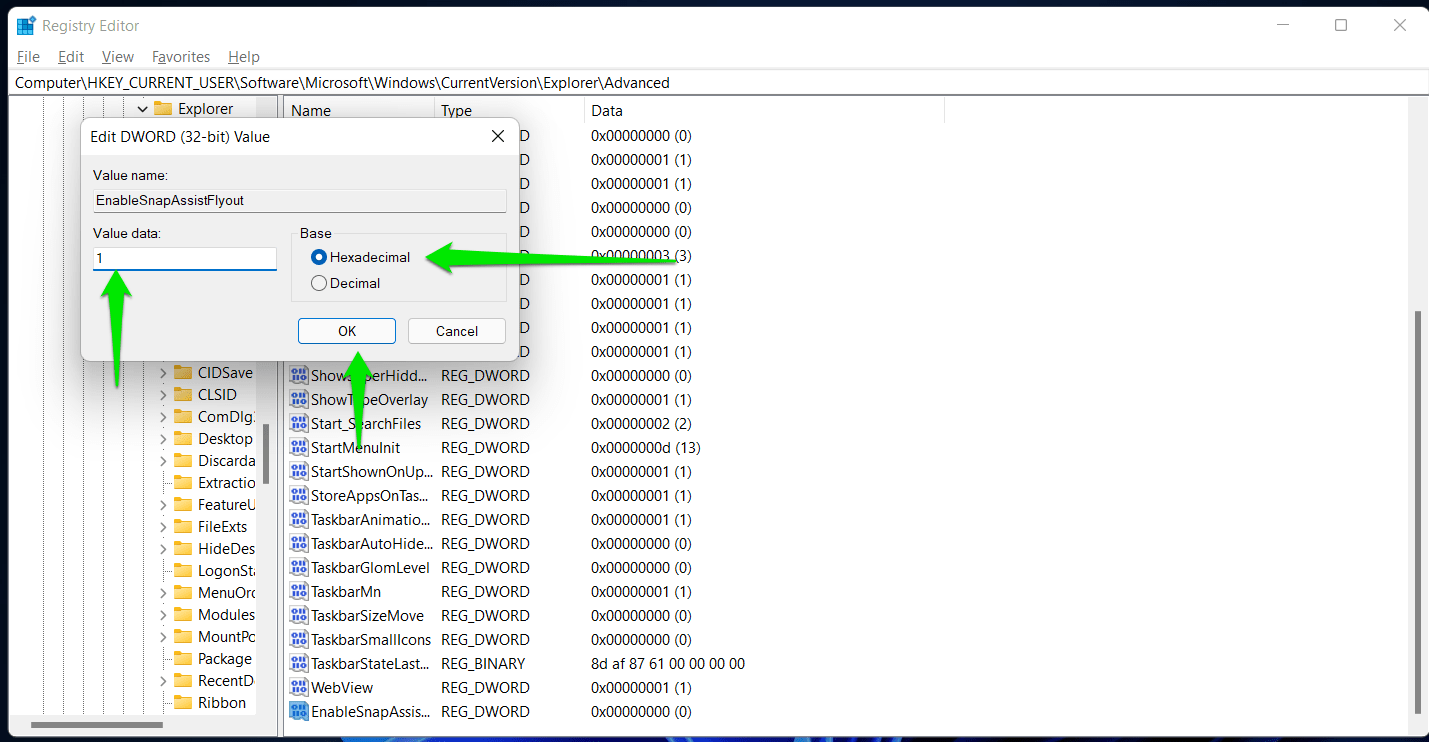 6. Doppelklicken Sie auf das DWORD „EnableSnapAssistFlyout“ und geben Sie „1“ unter Wert ein