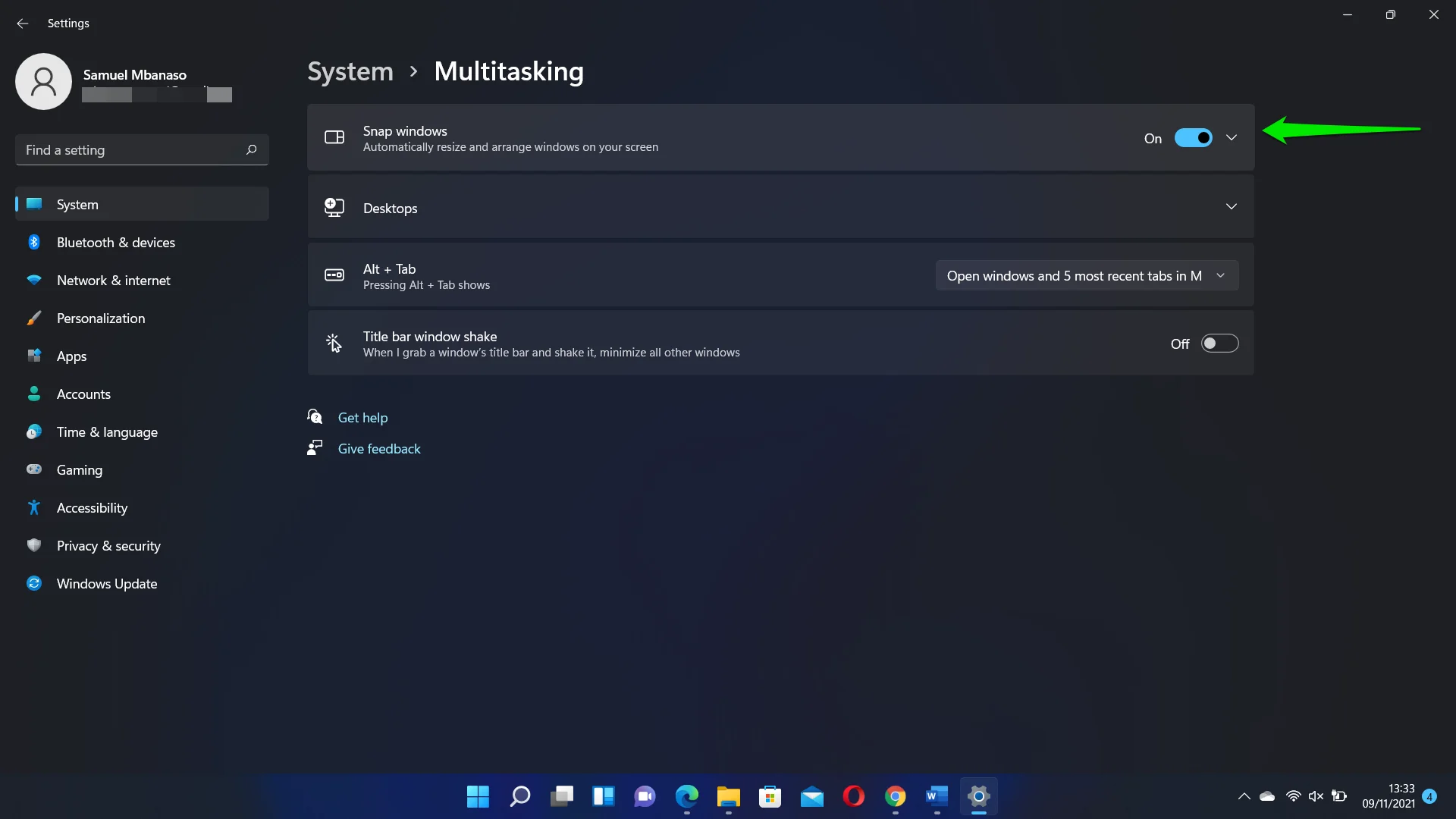 3. Alihkan sakelar untuk Snap Windows ke On