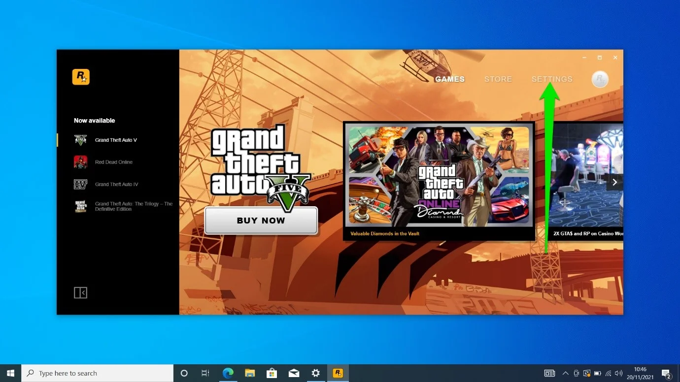 Apri Rockstar Games Launcher e fai clic su Impostazioni