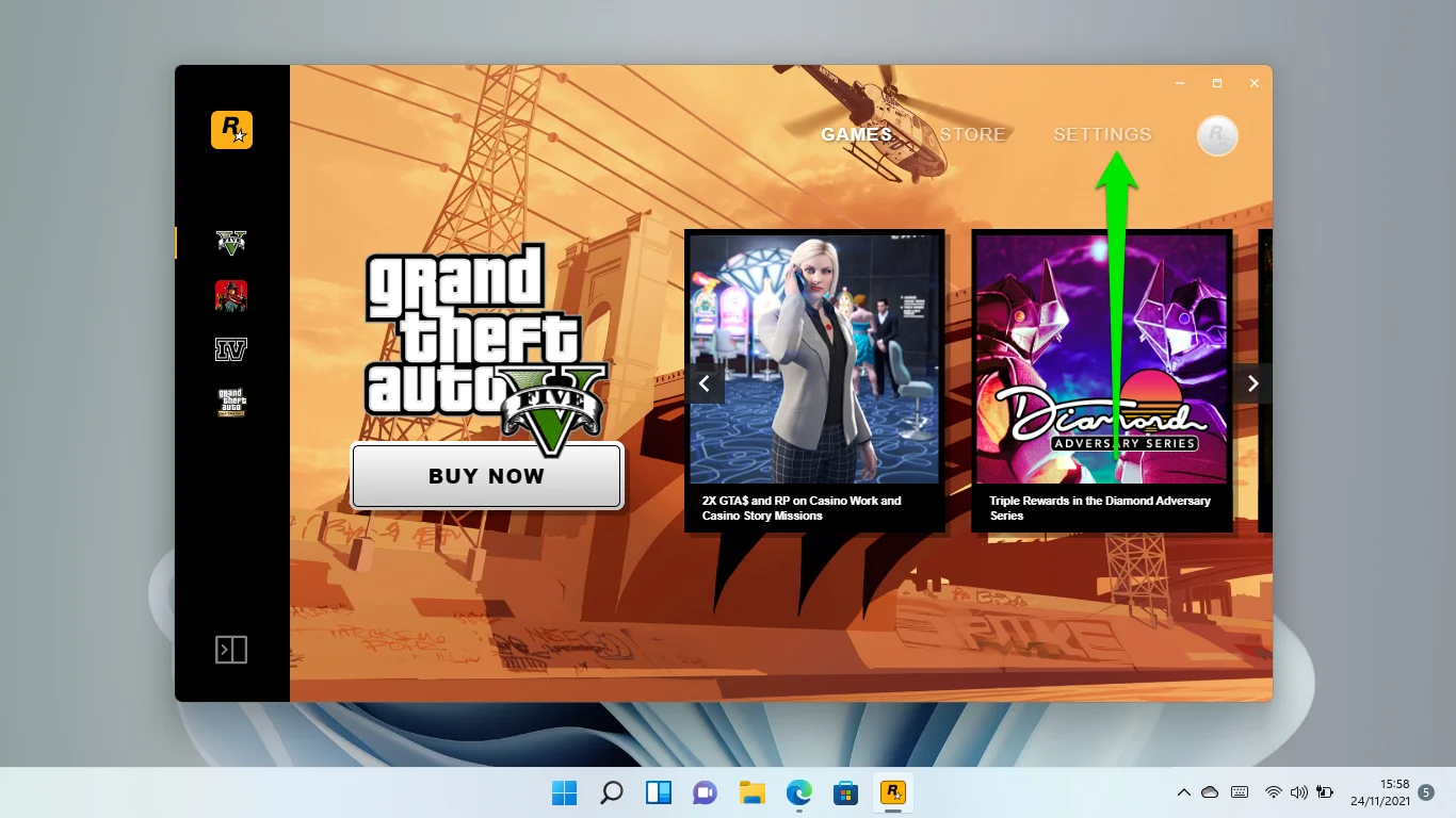 เปิด Rockstar Games Launcher และเลือกการตั้งค่าที่มุมบนขวาของหน้าต่าง