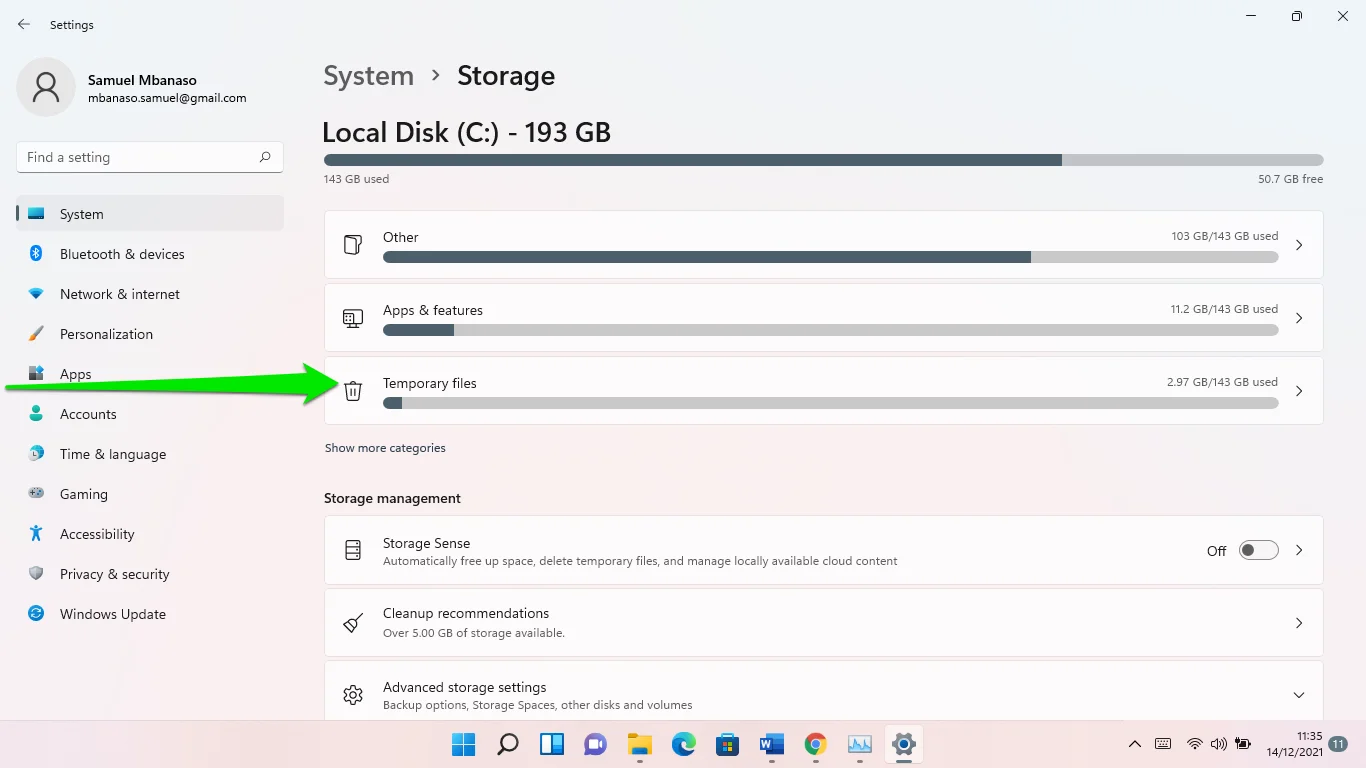 Fare clic su File temporanei in Windows 11 Storage