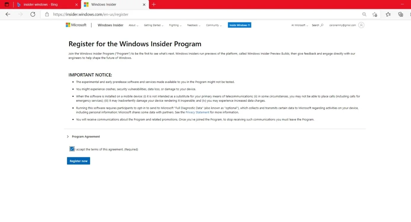 Registre-se no programa Windows Insider