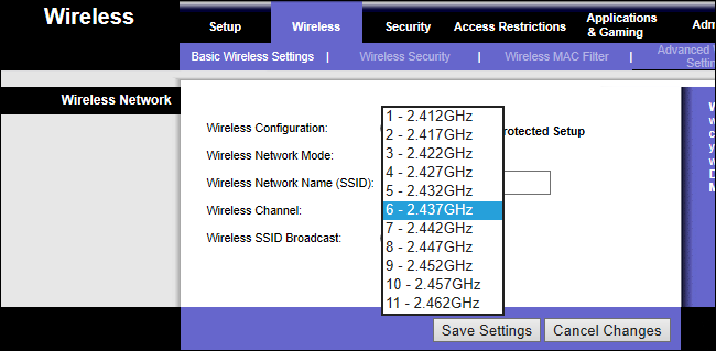 halaman pengaturan router wi-fi yang menampilkan saluran 2,4 GHz