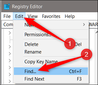 Fare clic su Modifica, quindi su Trova, una volta aperto l'Editor del Registro di sistema