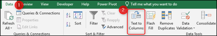 “數據”選項卡上的“文本到列”按鈕。