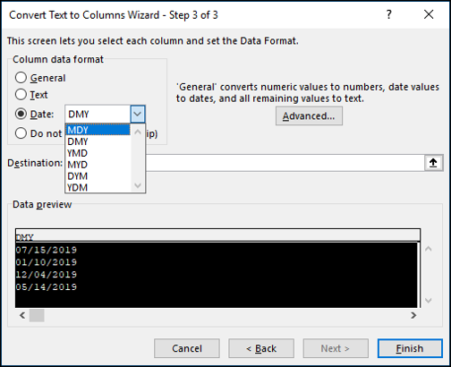 Selezione del formato MDY per le date