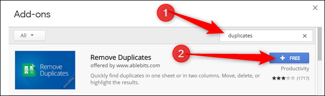 اكتب Duplicates في شريط البحث ، ثم انقر فوق Free في الوظيفة الإضافية التي تريد تثبيتها