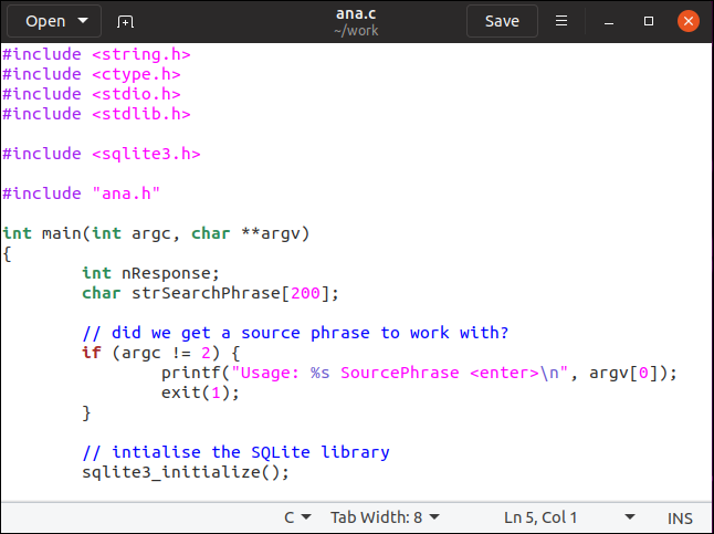 gedit avec le fichier ana.c ouvert pour modification