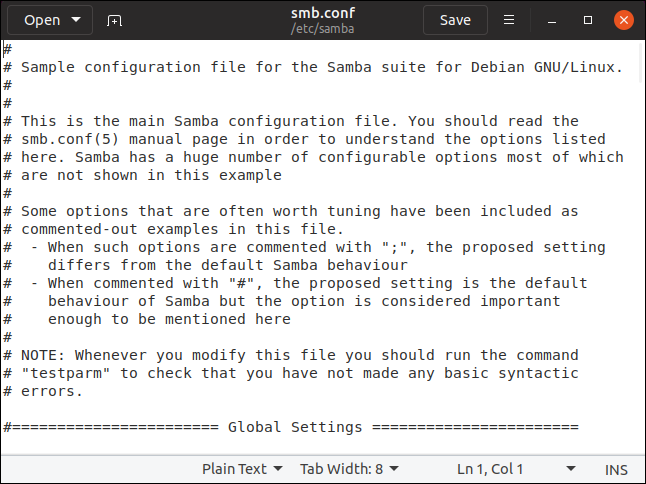 gedit編集smb.conf