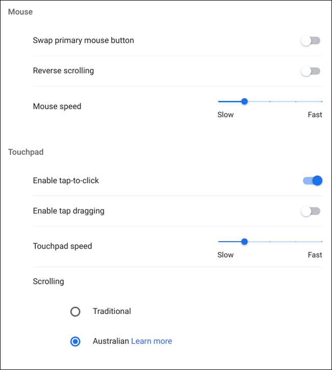 Hier können Sie die primäre Maustaste tauschen, rückwärts scrollen, die Mausgeschwindigkeit und die Touchpad-Geschwindigkeit ändern, Tap-to-Click und Tap Dragging aktivieren und das Touchpad-Scrollen ändern