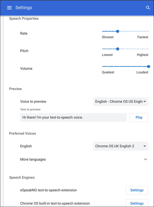 Una lista de todas las configuraciones de voz para cambiar para Text-to-Speech