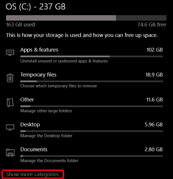Под основным диском нажмите Показать больше категорий.