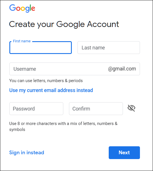 صفحة إنشاء حساب Google الخاص بك ، حيث تكتب اسمك الأول والأخير واسم المستخدم وكلمة المرور.