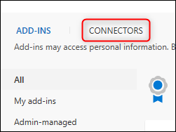 O painel "Suplementos e Conectores" com a guia Conectores realçada