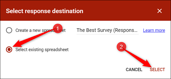 [既存のスプレッドシートを選択]をクリックしてから、[選択]をクリックします。