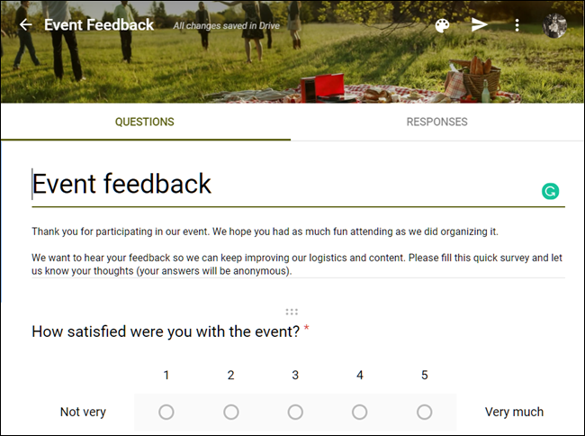 Googleフォームのイベントフィードバックテンプレートの例。