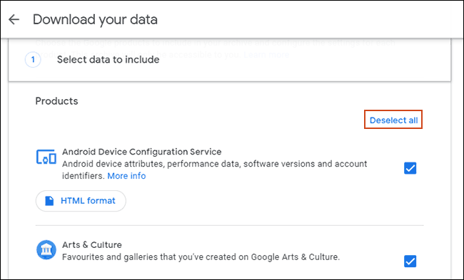 Faceți clic pe Deselectați tot în instrumentul Google Descărcați datele dvs